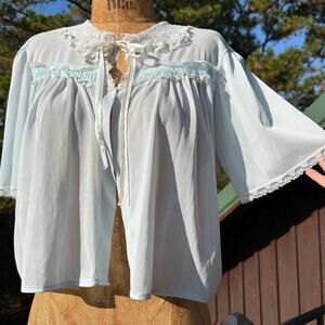 Vintage 50s Baby Blue Mini Puff Sleeve Ruffled Bed Jacket